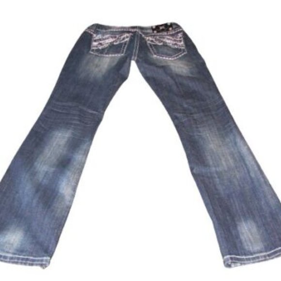 Miss Me Jeans Size 26 x 33 Easy Boot Low Rise Denim Studs chains sequins - Picture 2 of 12